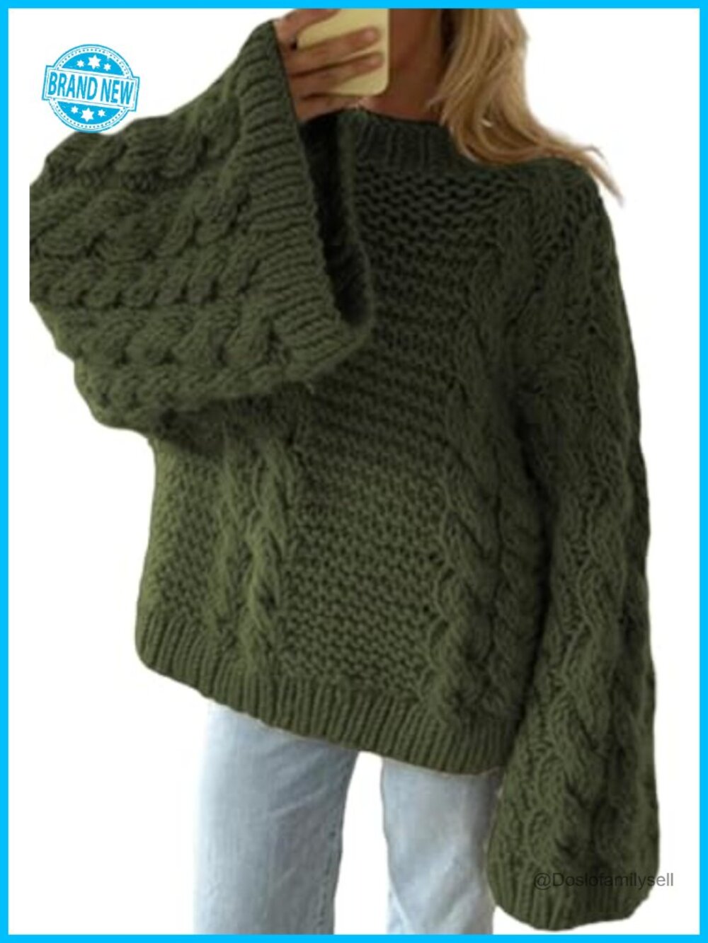 Oversized Cable Knit Sweater Long Sleeve Chunky Pullover Crewneck